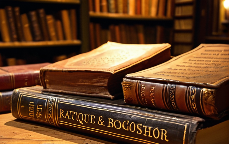 ** A close-up, slightly out-of-focus shot of old, leather-bound books with gilded lettering, radiating a warm, inviting glow, emphasizing the texture of aged paper and leather. In the background, a faint silhouette of a person reading suggests the allure of forgotten stories. "Antique Bookstore, Warm Light, Historical Feel."

**