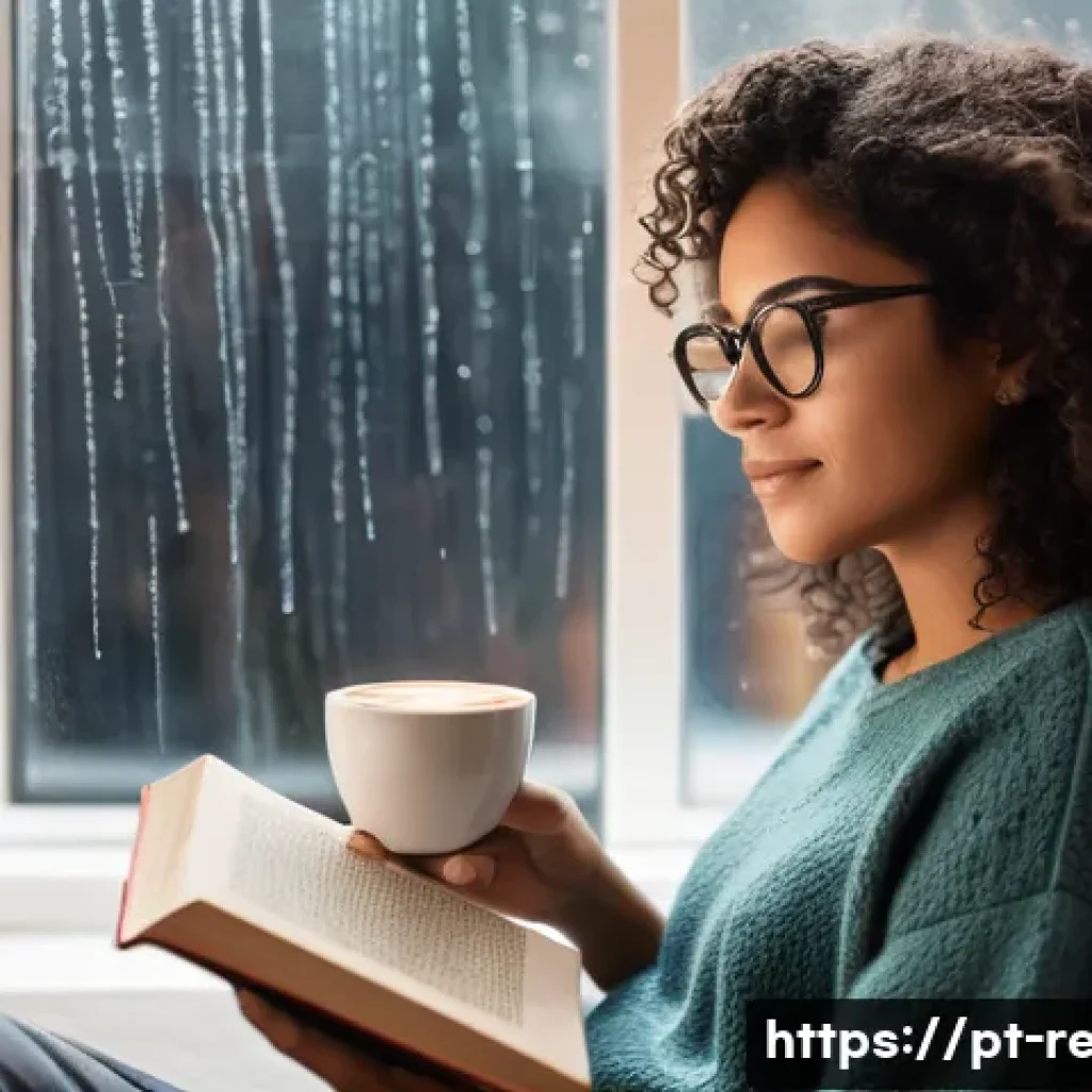 책을 통한 자기 성찰 - A cozy, warmly lit reading nook in a modern Brazilian apartment, featuring a young woman with medium...