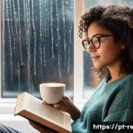 책을 통한 자기 성찰 - A cozy, warmly lit reading nook in a modern Brazilian apartment, featuring a young woman with medium...