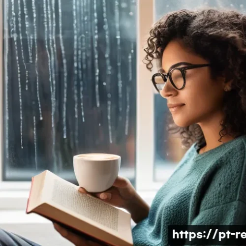 책을 통한 자기 성찰 - A cozy, warmly lit reading nook in a modern Brazilian apartment, featuring a young woman with medium...